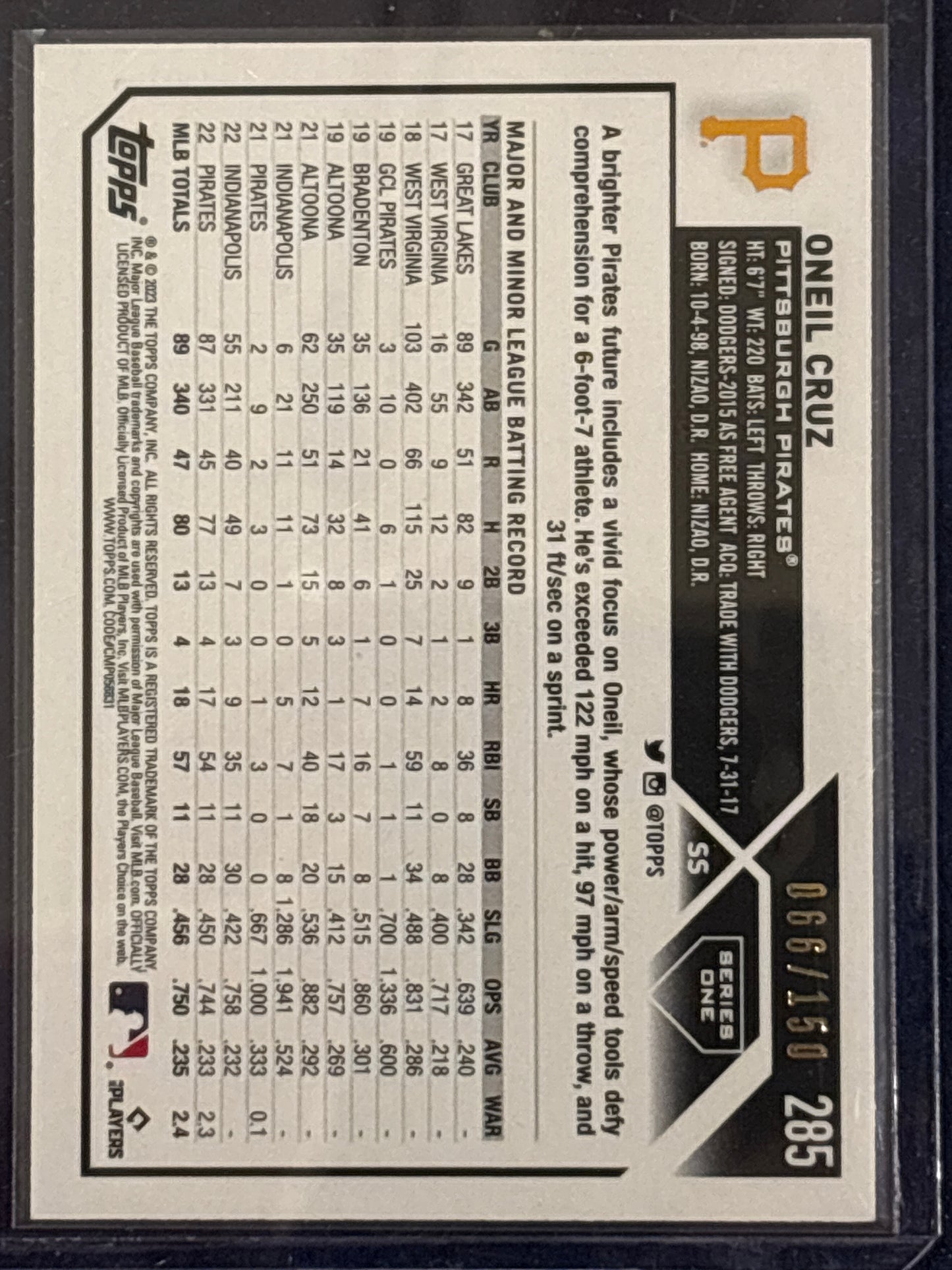 2023 Topps Series One Oneil Cruz #285 Green Foil 66/150