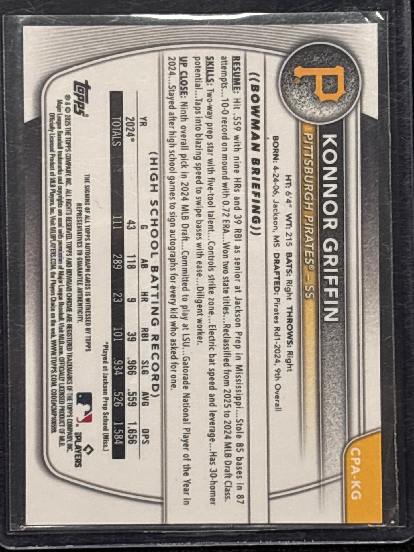 2025 Topps Bowman Chrome Prospect Autographs Konnor Griffin #CPA-KG Short Print Mint 42/99 Rookie Low Pop