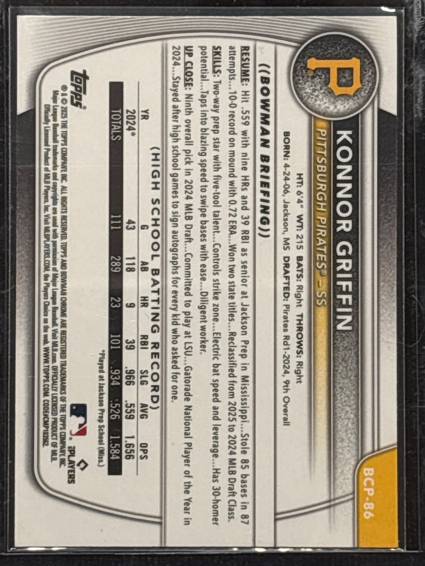 2025 Bowman Chrome Prospects Konnor Griffin #BCP-86 Purple Mojo 009/250