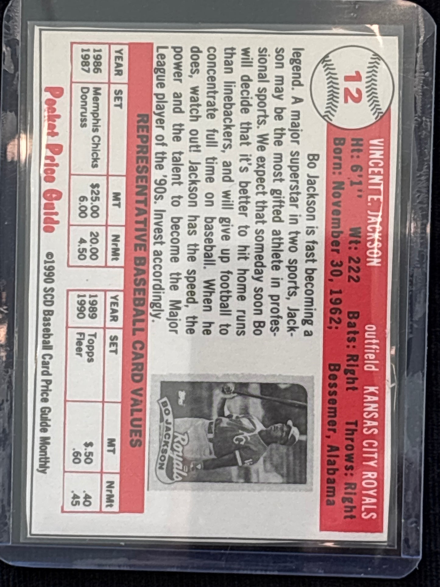 1990 SCD Pocket Price Guide Bo Jackson #72 HOF