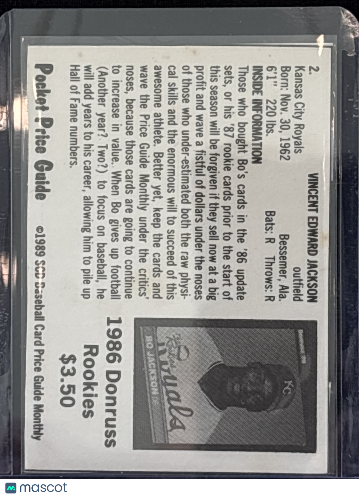 1986 Pocket Price Guide Bo Jackson #50T HOF