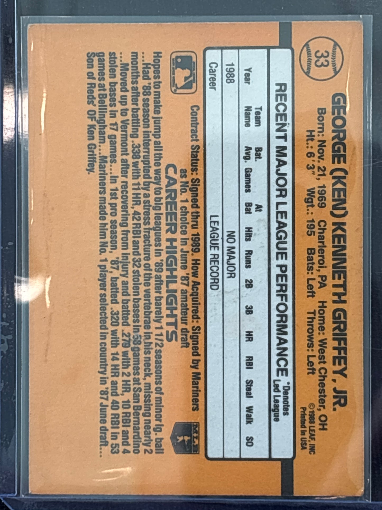1988 Donruss Rated Rookie Ken Griffey Jr. #33 HOF Rookie 1/2