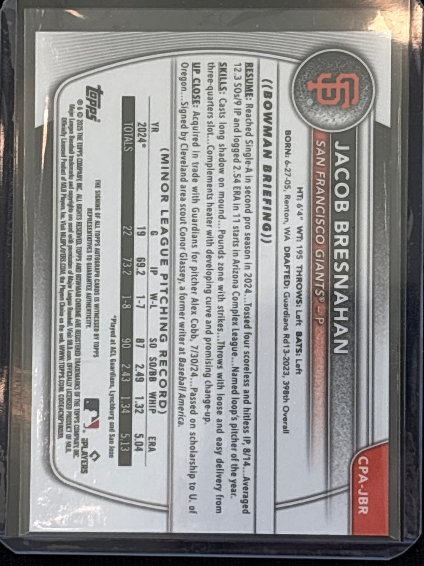 2025 Topps Bowman Chrome Jacob Bresnahan #CPA-JBR Speckle Refractor Parallel/Variety Mint 242/299