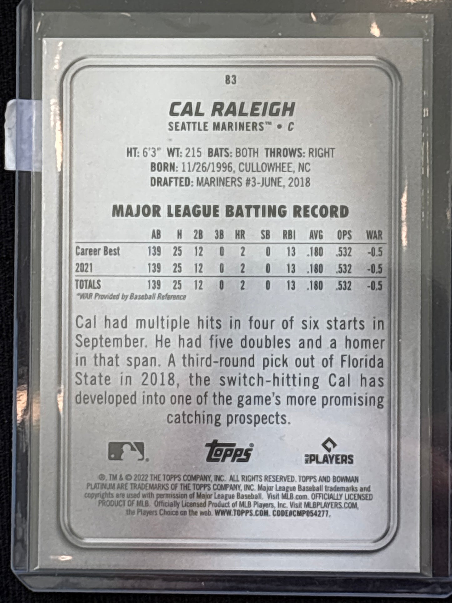 2022 Bowman Platinum Cal Raleigh #83 Rookie RC