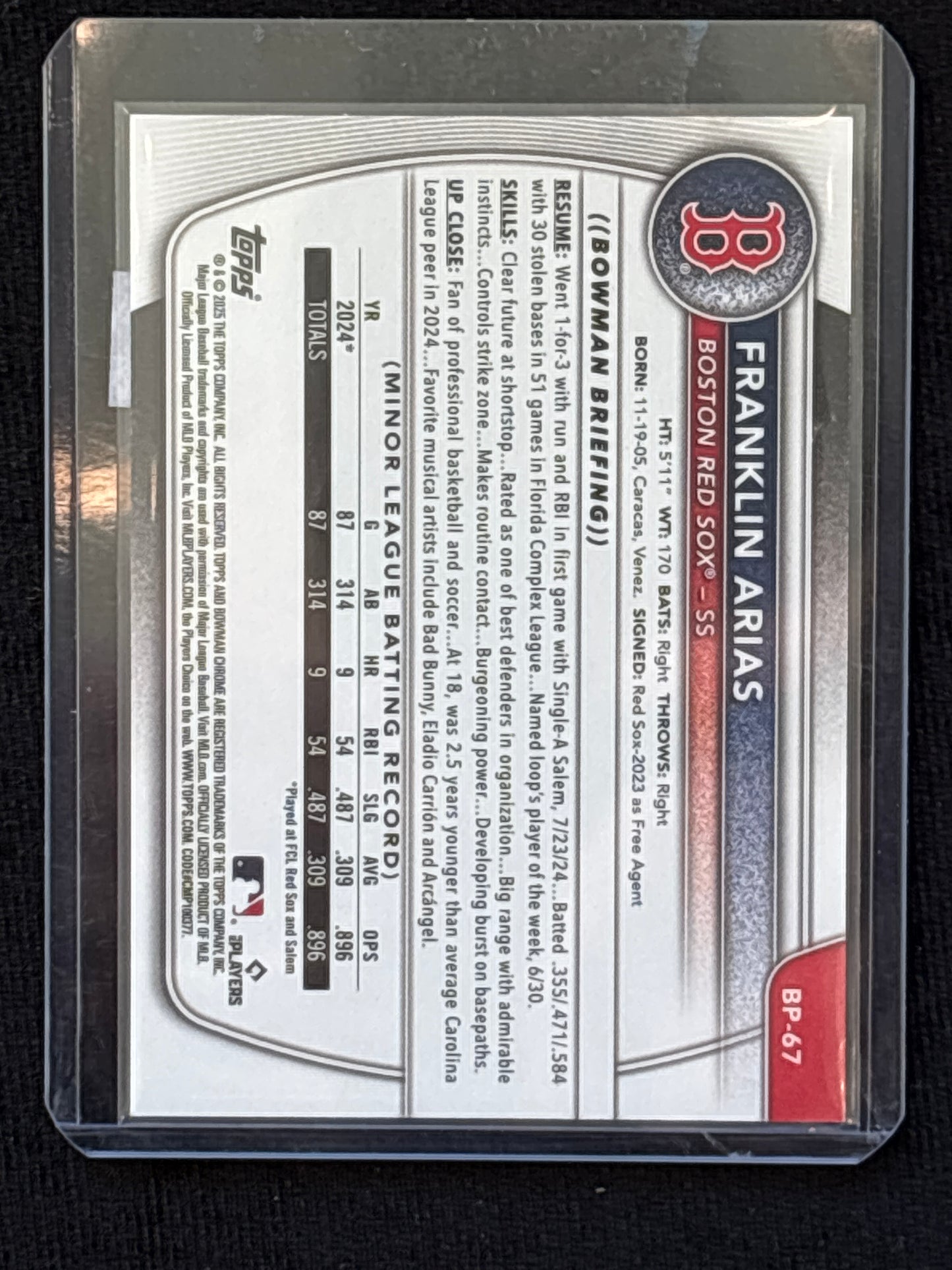 2025 Topps Bowman Franklin Arias #BP-67 Fuchsia Nicely Centered Parallel/Variety