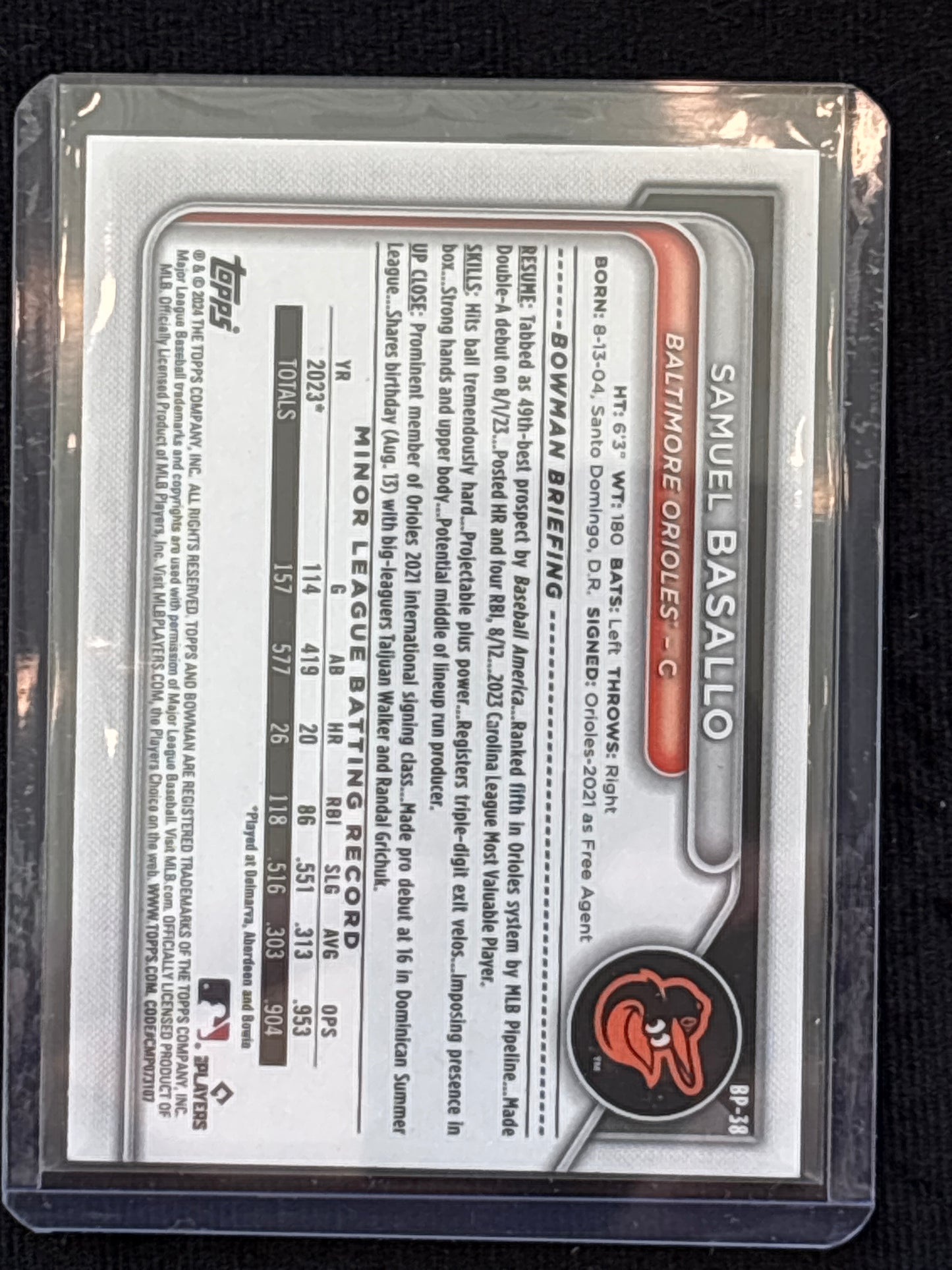 2024 Bowman Samuel Basallo Pink Mint Rookie 072/175