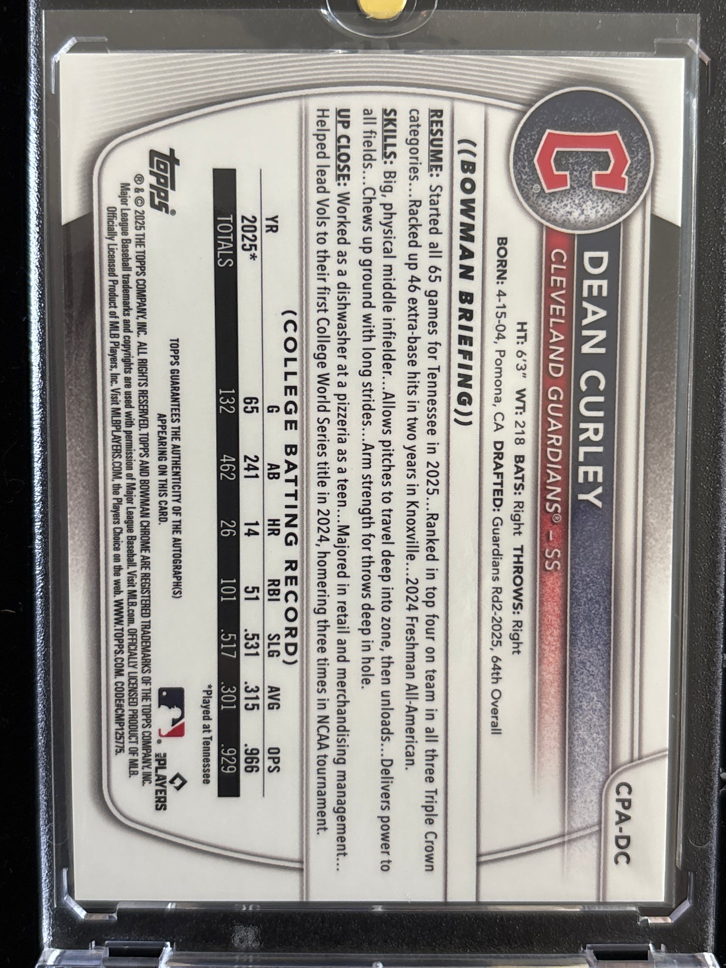 2025 Topps Bowman Chrome Dean Curley #CPA-DC Blue Refractor /150 1st Bowman