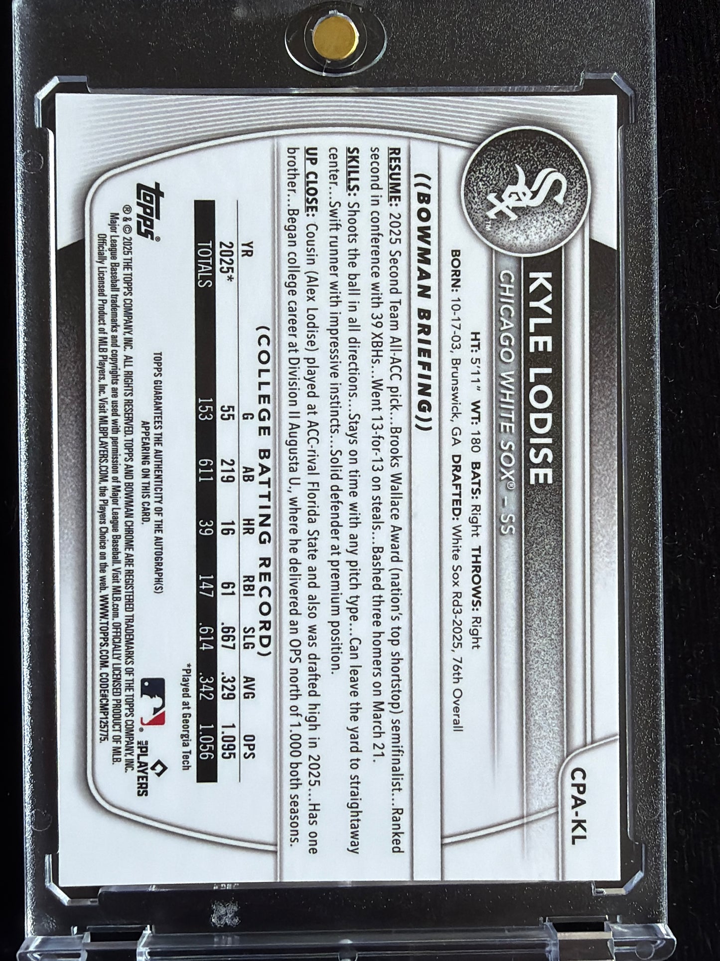2025 Bowman Chrome Kyle Lodise #CPA-KL Blue Refractor /150