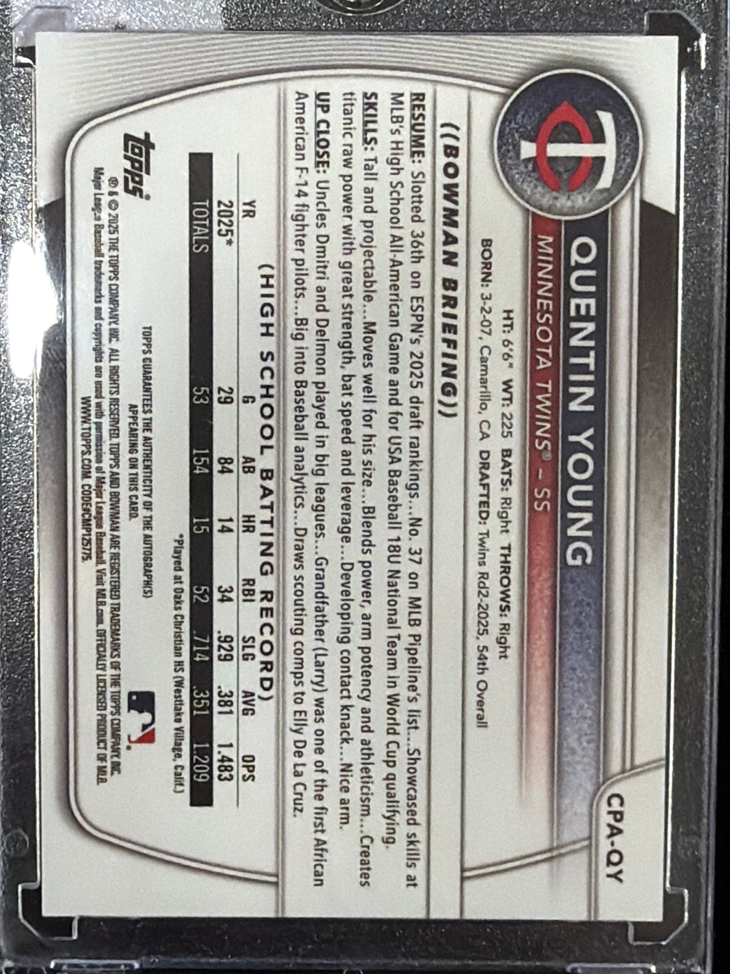 2025 Bowman Chrome Quentin Young #CPA-QY 1st Bowman