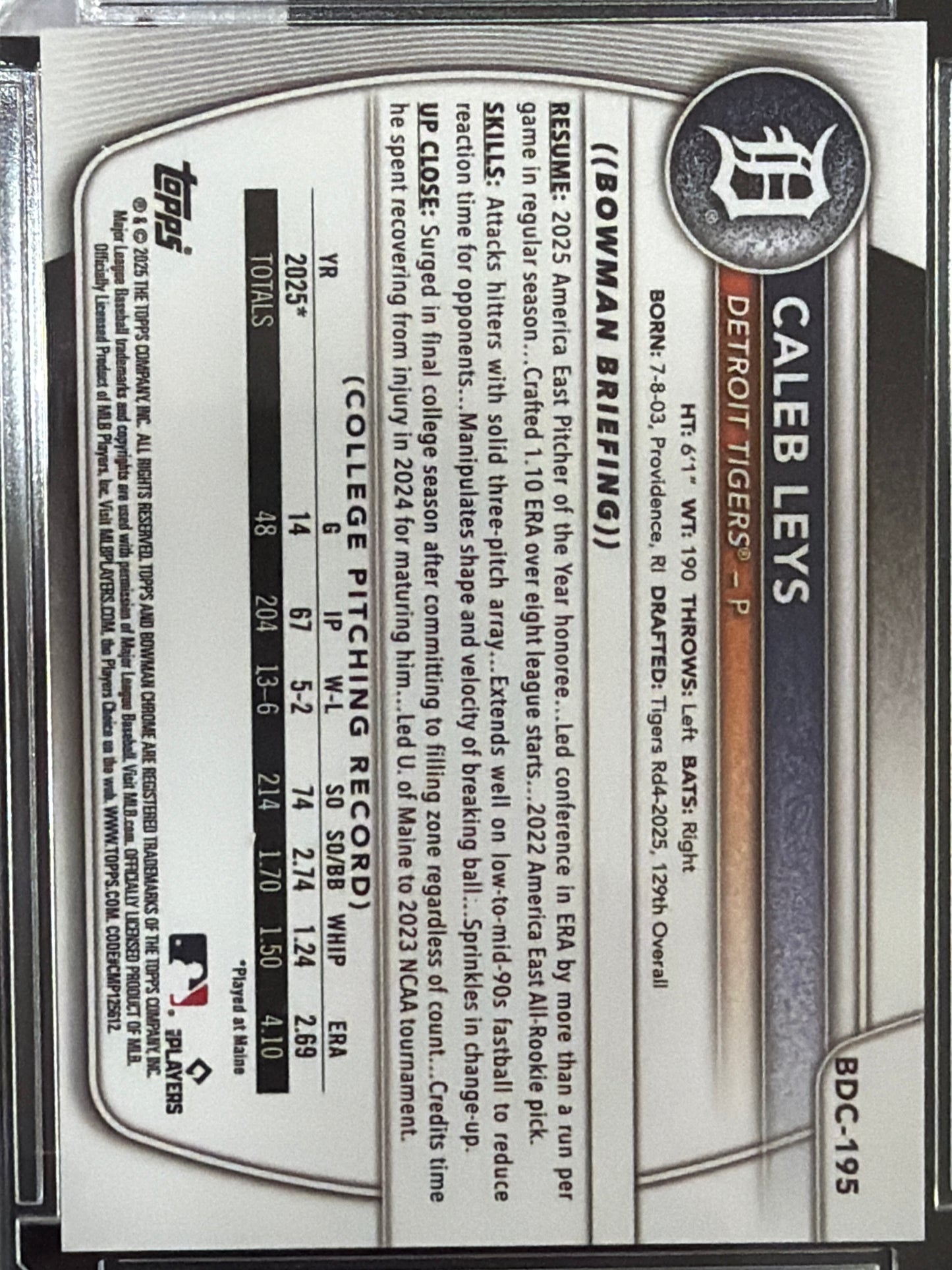 2025 Topps Bowman Chrome Caleb Leys #BDC-195 Orange Refractor /25