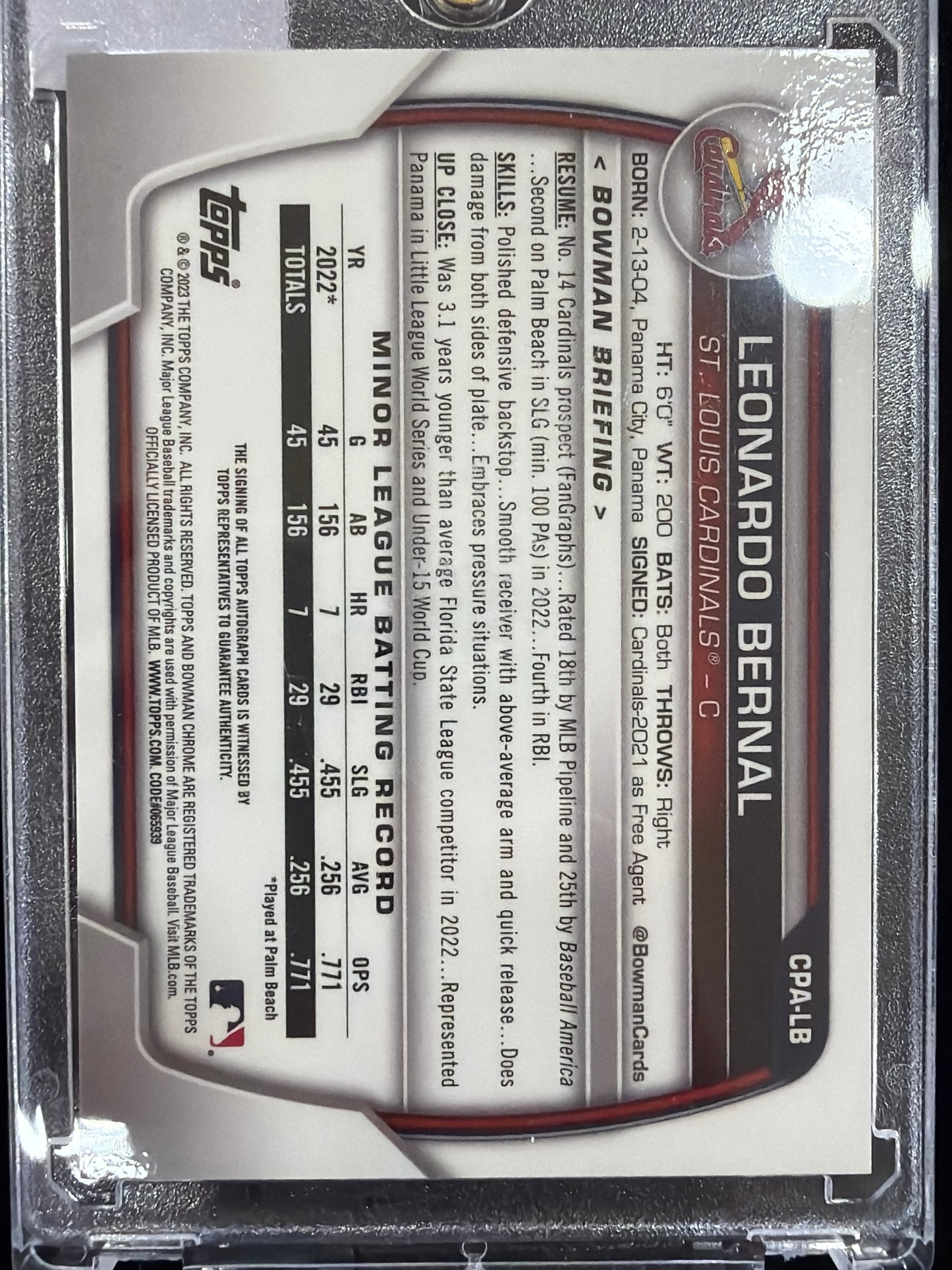 2023 Bowman Chrome Leonardo Bernal #CPA-LB Green Refractor /99 1st Bowman