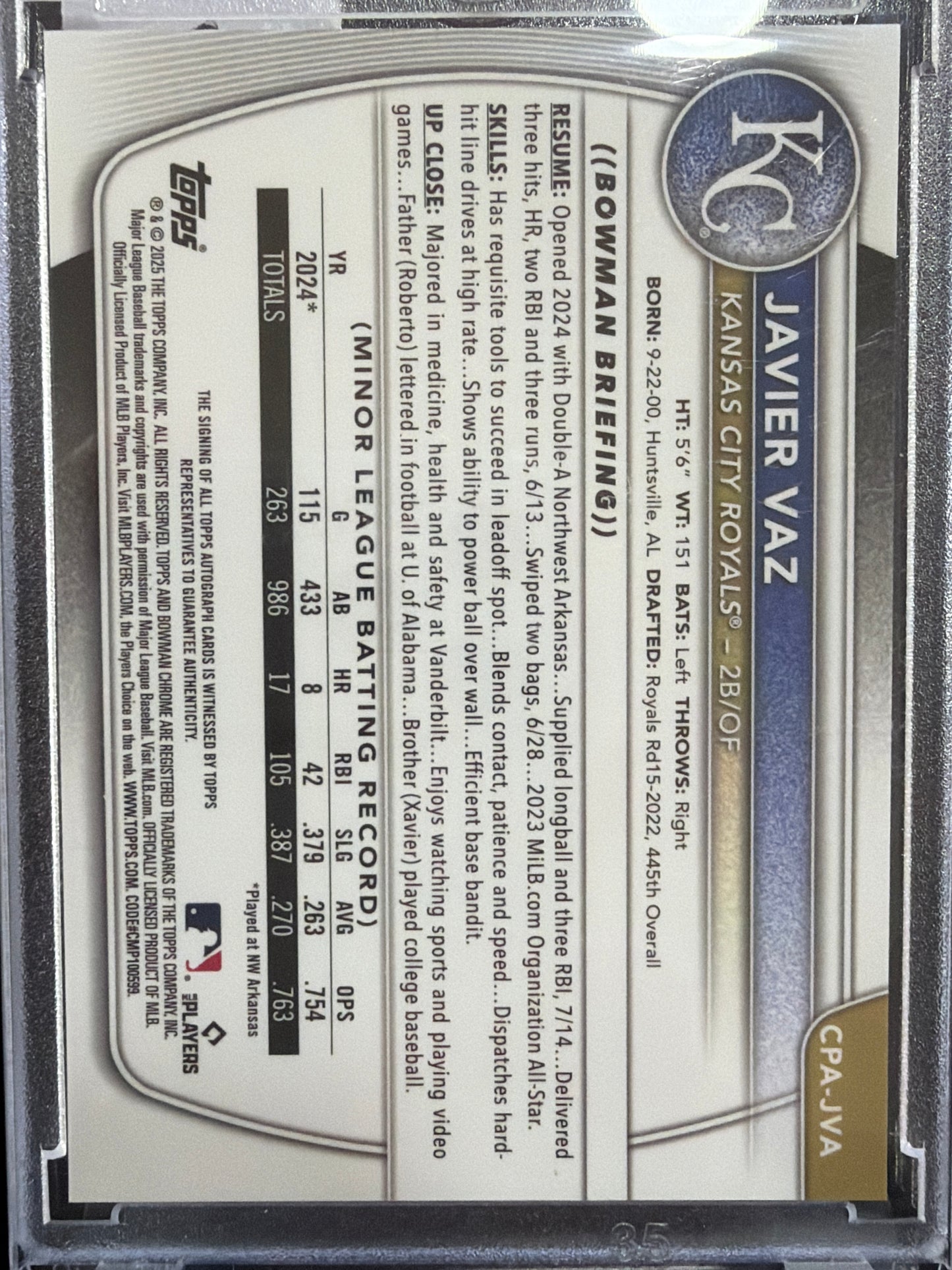2025 Topps Bowman Chrome Javier Vaz #CPA-JVA Green Grass Refractor