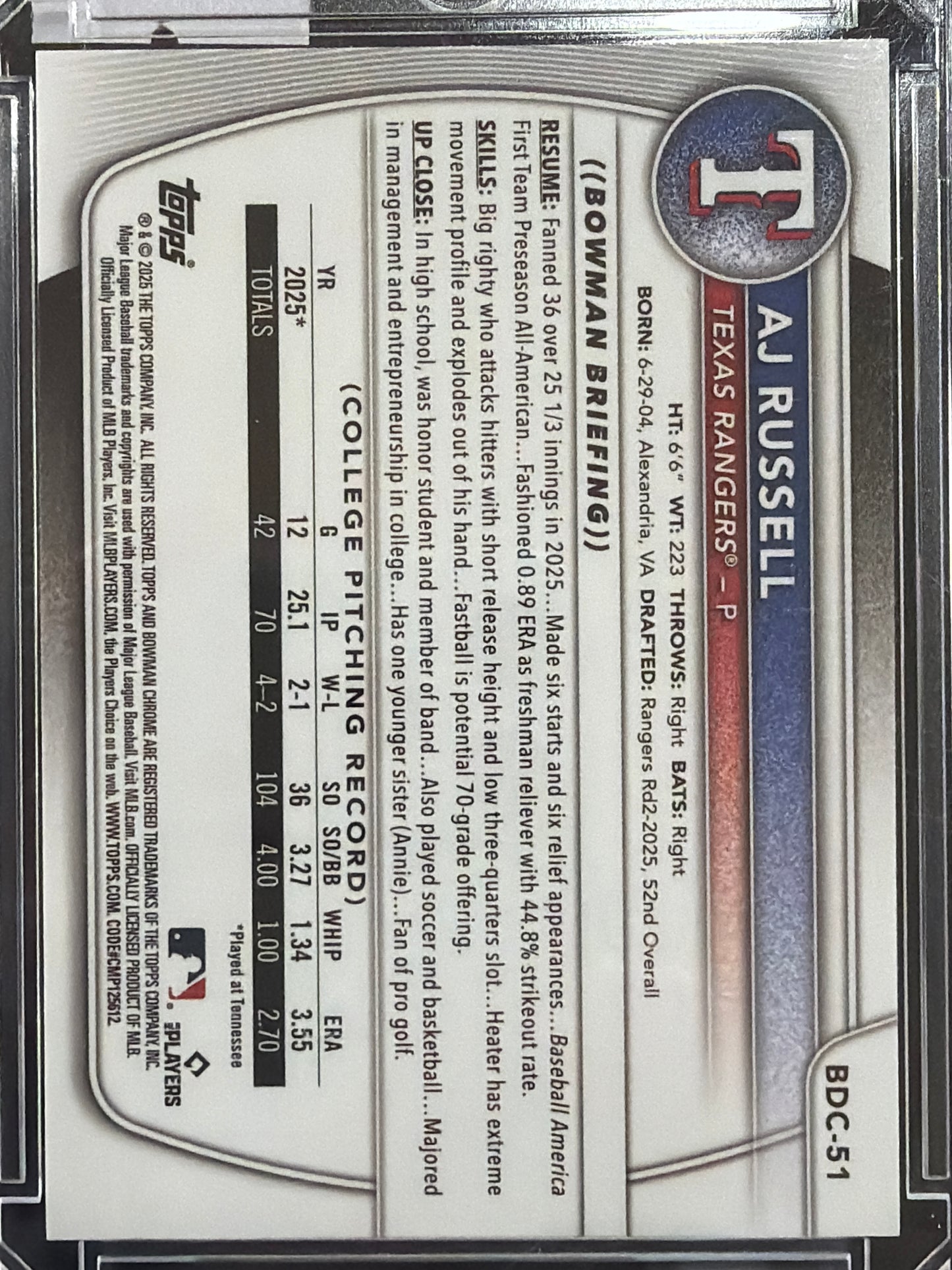 2023 Bowman Chrome AJ Russell #BDC-51 Blue Sapphire Refractor /150