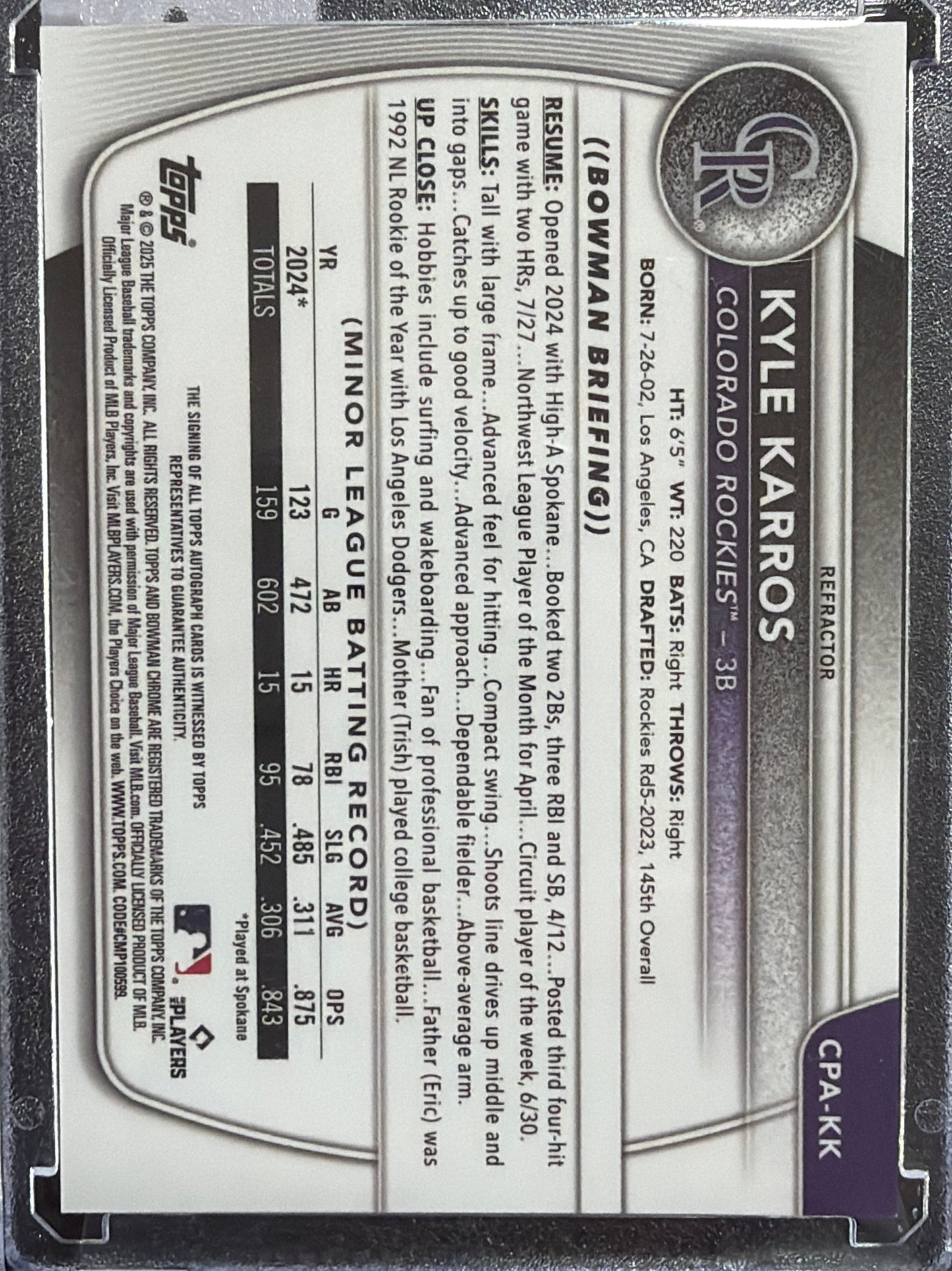 2025 Topps Bowman Chrome Kyle Karros #CPA-KK Refractor /499