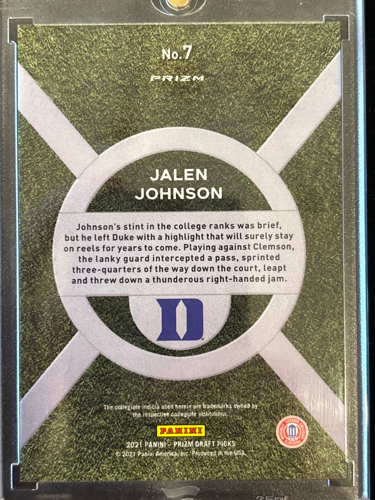 2021 Panini Prizm Draft Picks On Campus Jalen Johnson #7 RC