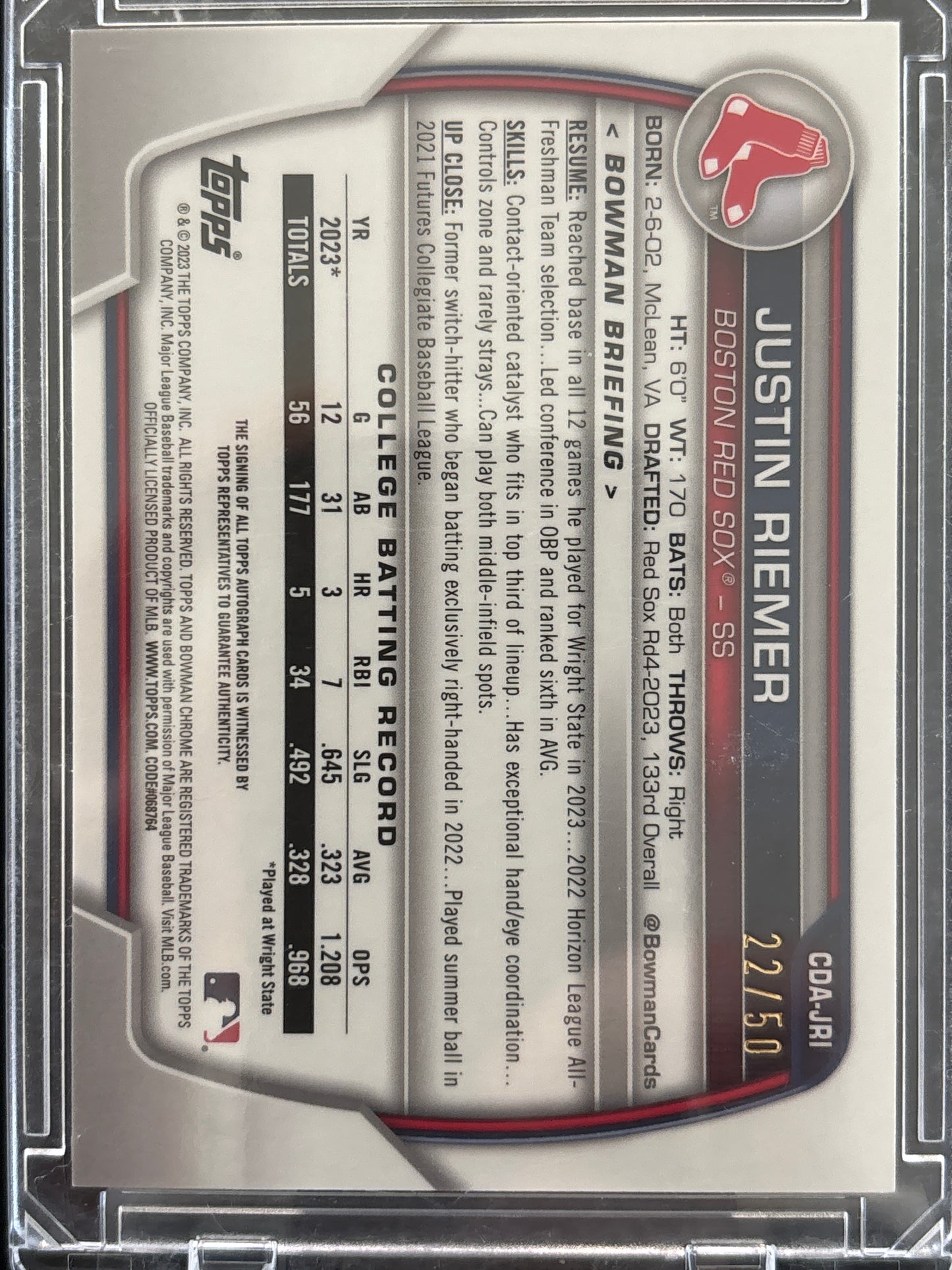 2023 Bowman Chrome Justin Riemer #CDA-JRI Gold Refractor /50