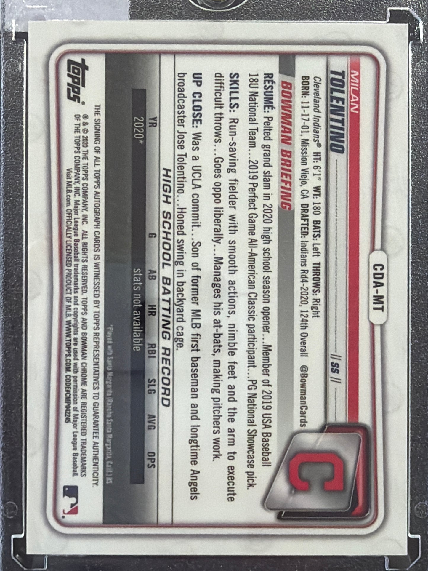 2020 Bowman Chrome Milan Tolentino #CDA-MT Blue Shimmer Refractor 1st Bowman