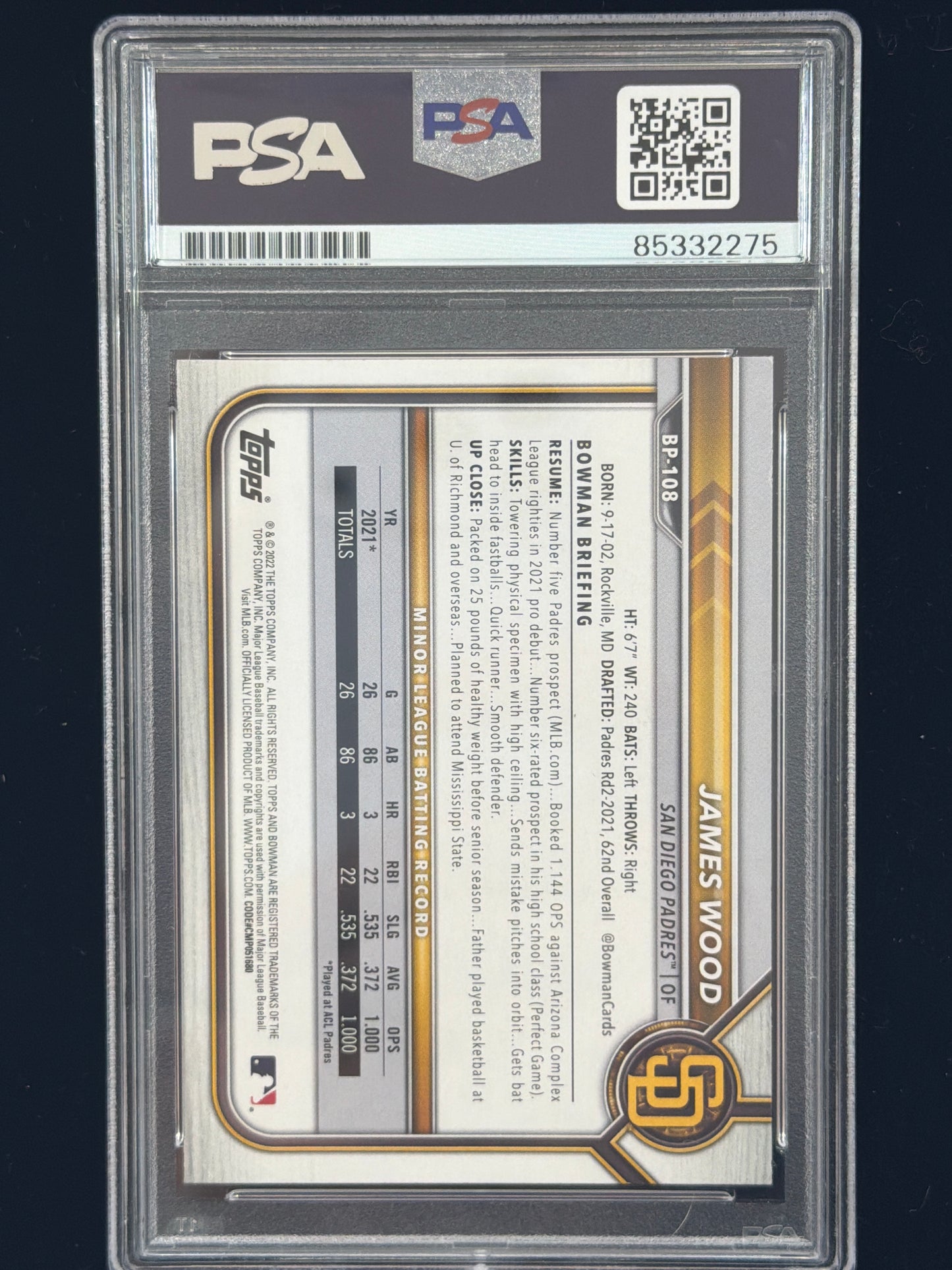 2022 Bowman James Wood #BP-108 1st Bowman PSA Authentic