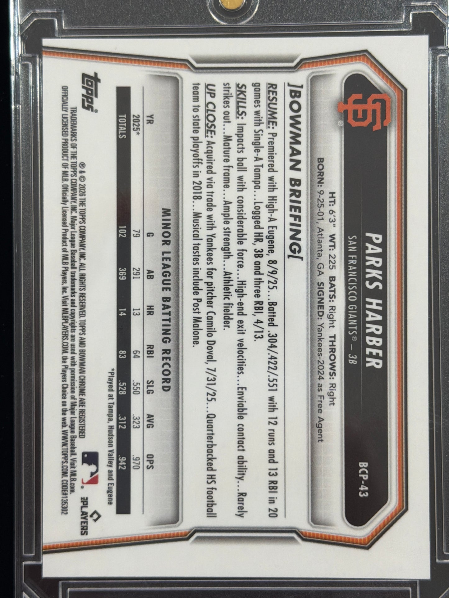 2024 Bowman Chrome Parks Harber #BCP-43 Green Grass Refractor /99
