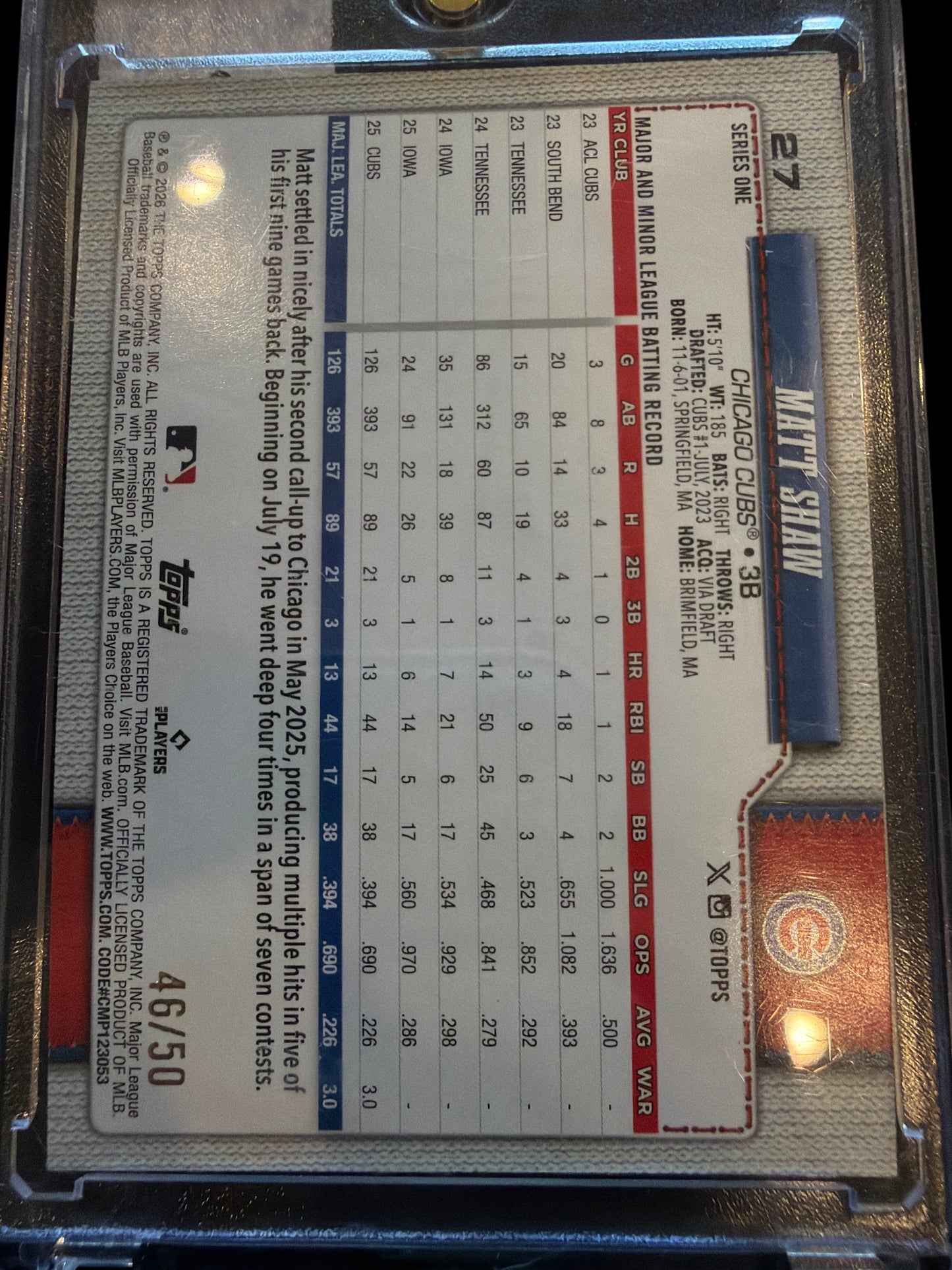 2026 Topps Series One Matt Shaw #27 Gold Foil Topps All-Star Rookie