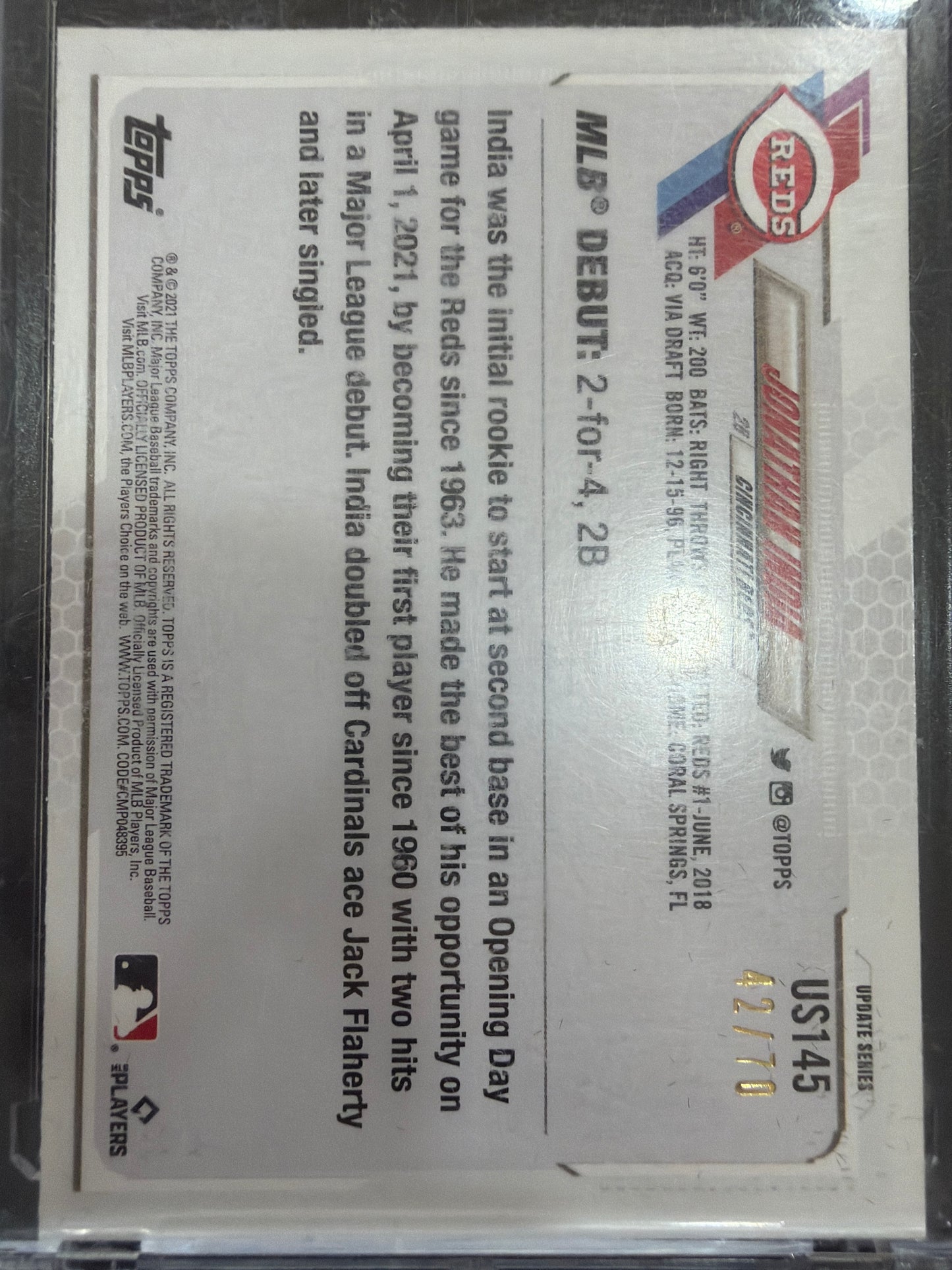 2021 Topps Update Series Jonathan India #US145 Black /70 RC