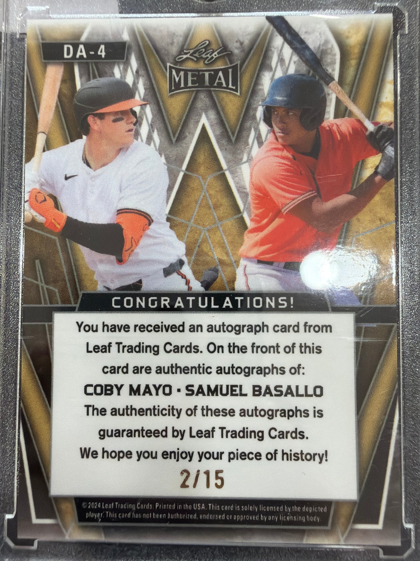 2024 Dual Auto Samuel Basallo Coby Mayo #DA-4 Purple Mojo /15 Dual Autograph