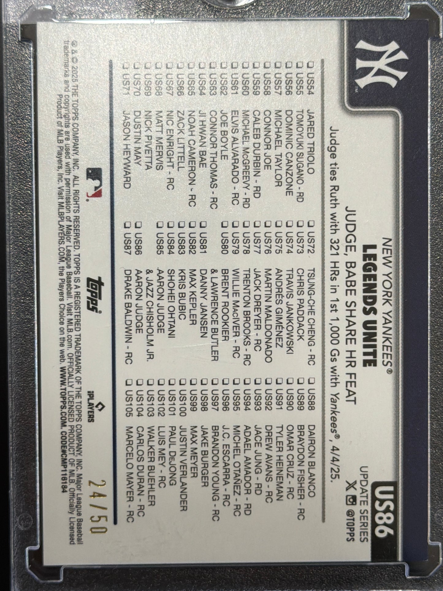 2023 Topps Update Series Aaron Judge #US86 Gold Foil Sapphire /50