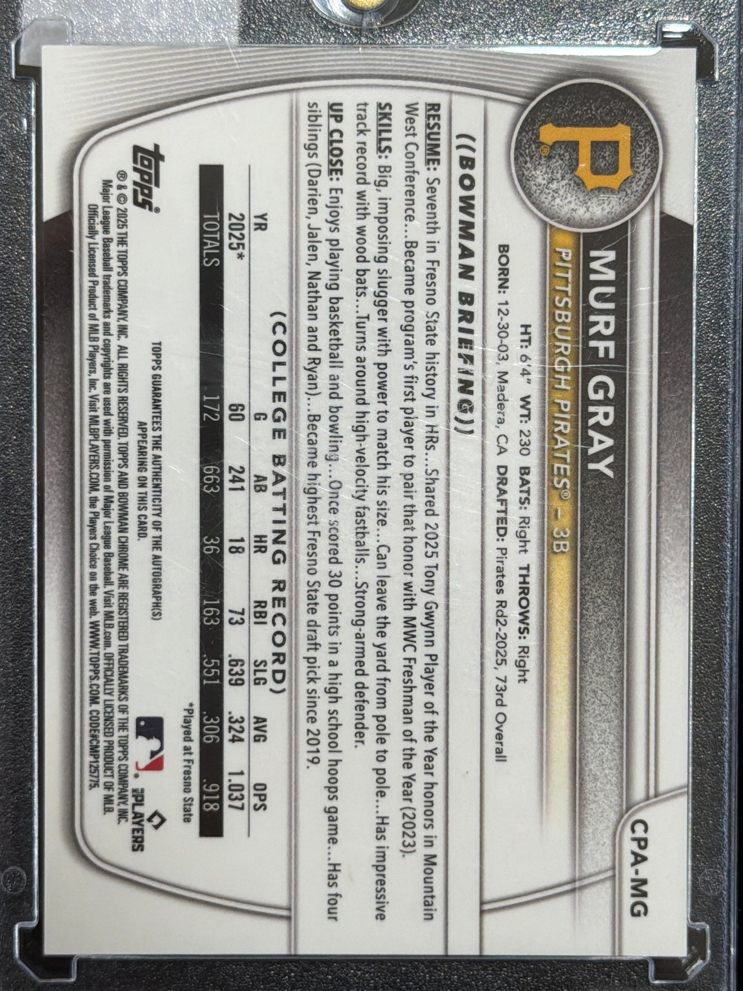2025 Topps Bowman Chrome Murf Gray #CPA-MG 1st Bowman