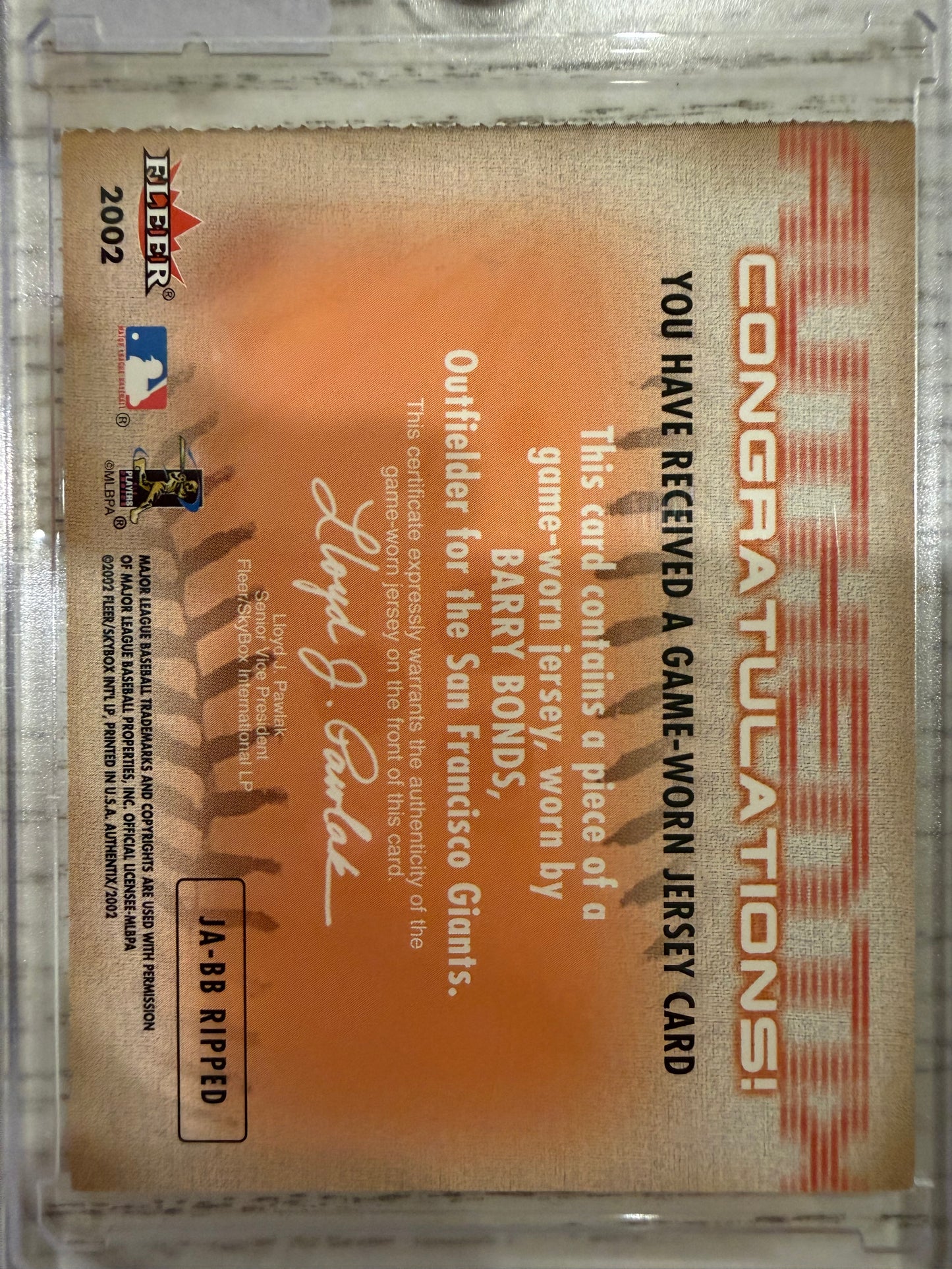2002 Fleer Authentix Barry Bonds #JA-BB RIPPED Game-worn jersey