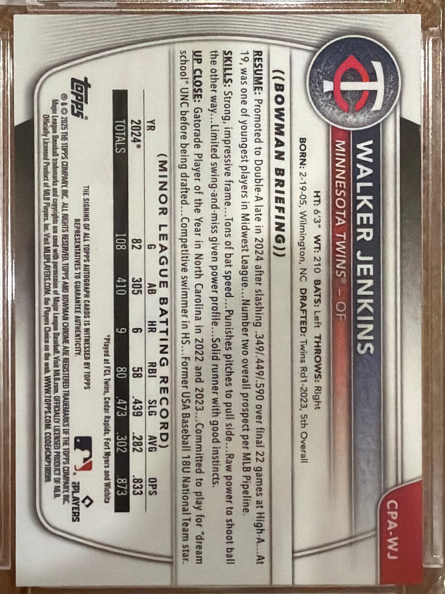 2025 Topps Bowman Chrome Walker Jenkins #CPA-WJ Purple Refractor /250