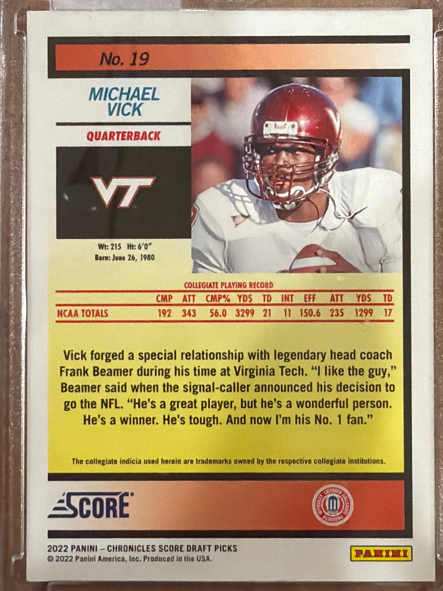 2022 Panini Chronicles Score Draft Picks Michael Vick #19 /10