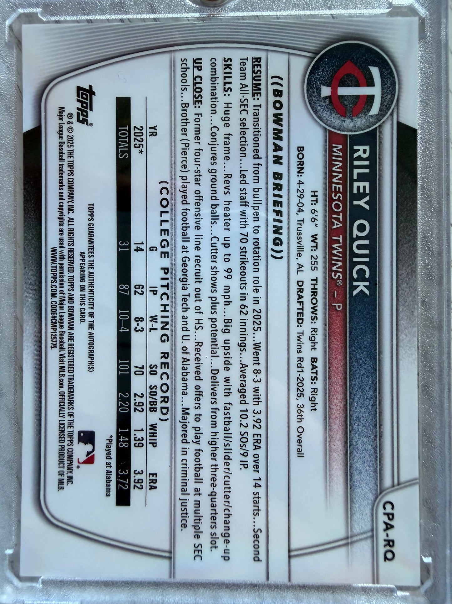 2023 Bowman Chrome Riley Quick #CPA-RQ Mojo Refractor /150
