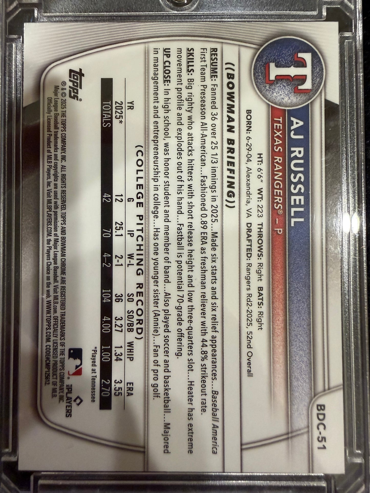 2023 Bowman Draft Chrome AJ Russell #BDC-51 Yellow Lunar Glow Refractor /75