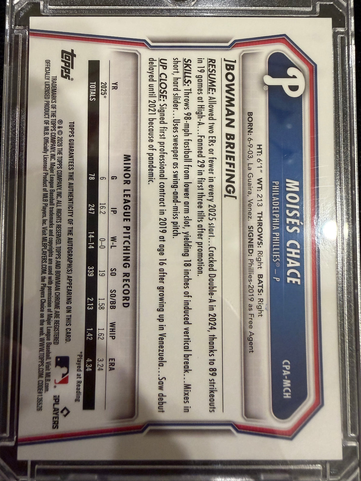 2026 Bowman Chrome Moisés Chace #CPA-MCH Speckle Refractor /100 1st Bowman