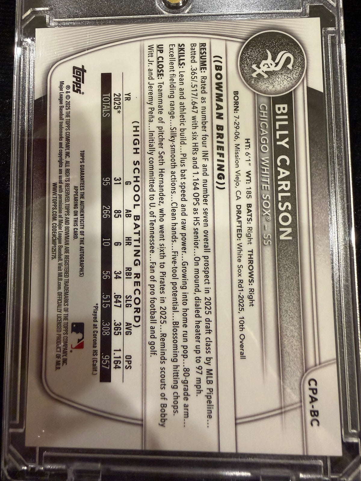 2025 Bowman Chrome Billy Carlson #CPA-BC
