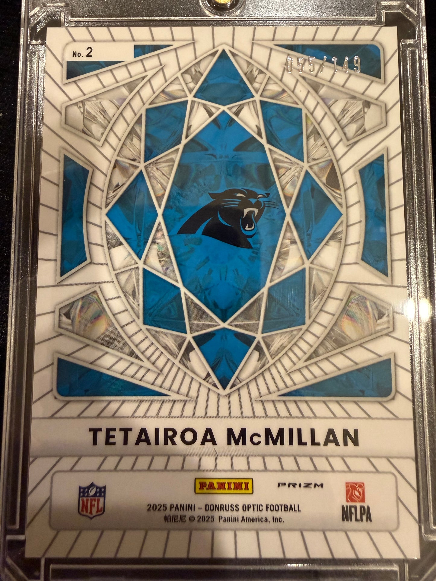 2025 Panini Donruss Optic Diamond Hands Tetairoa McMillan #2 Blue Prizm RC