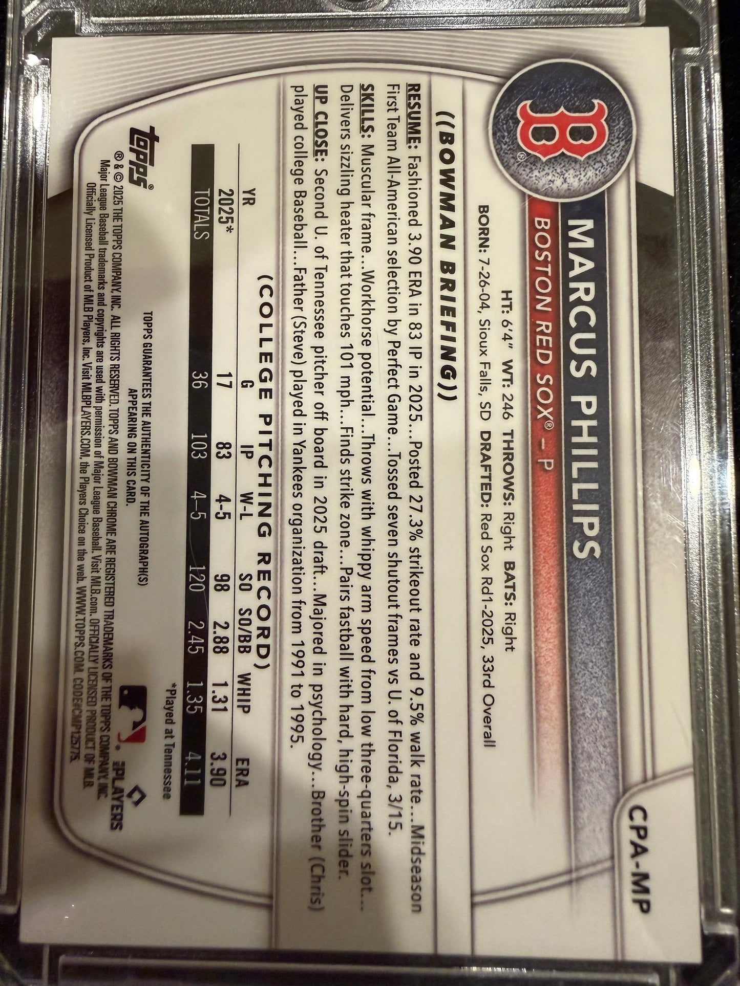2025 Bowman Chrome Marcus Phillips #CPA-MP 1st Bowman