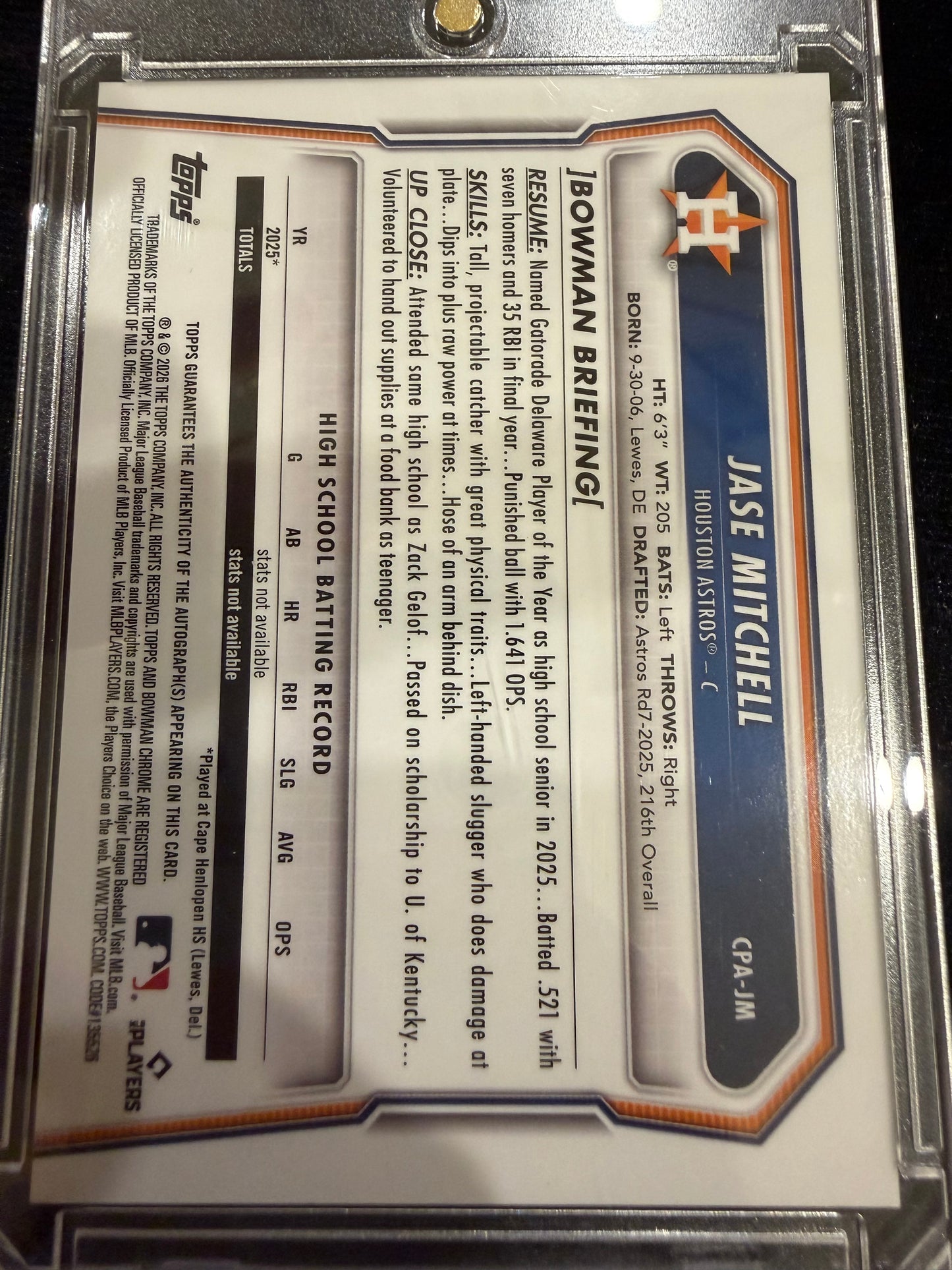 2025 Bowman Chrome Jase Mitchell #CPA-JM Yellow Refractor /75