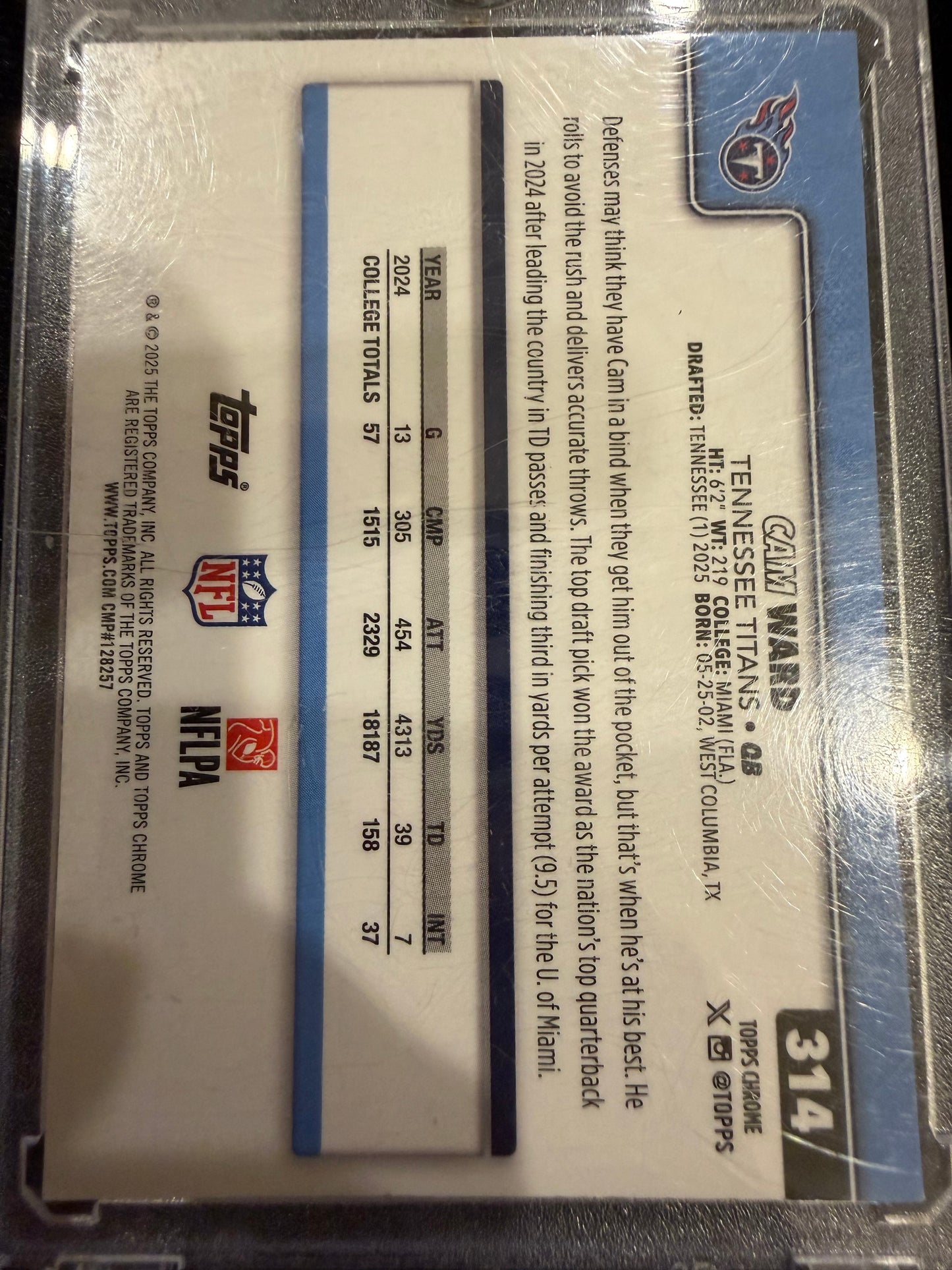 2025 Topps Chrome Cam Ward #314 Blue Wave /150 RC