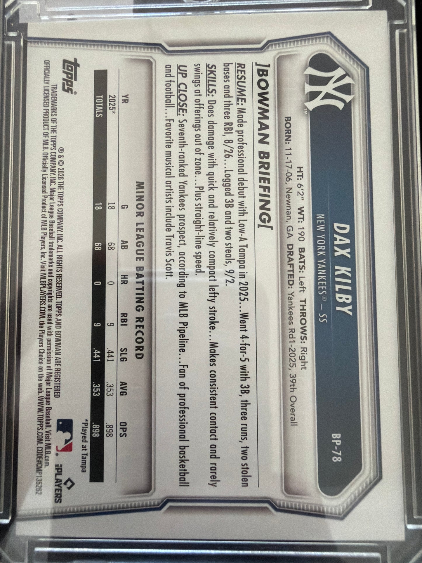 2026 Bowman Dax Kilby #BP-78 Yellow Scorecard /75