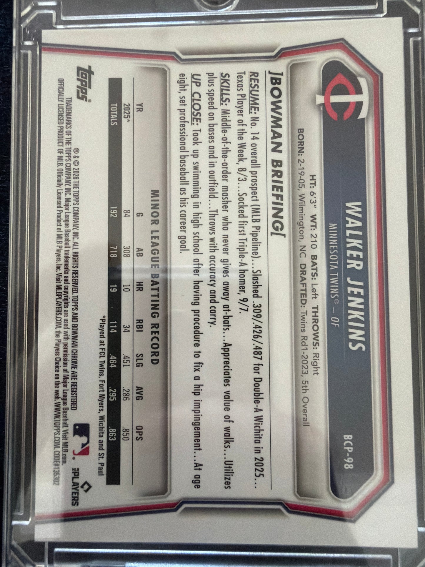 2024 Topps Bowman Chrome Walker Jenkins #BCP-98 Rose Gold Refractor /15