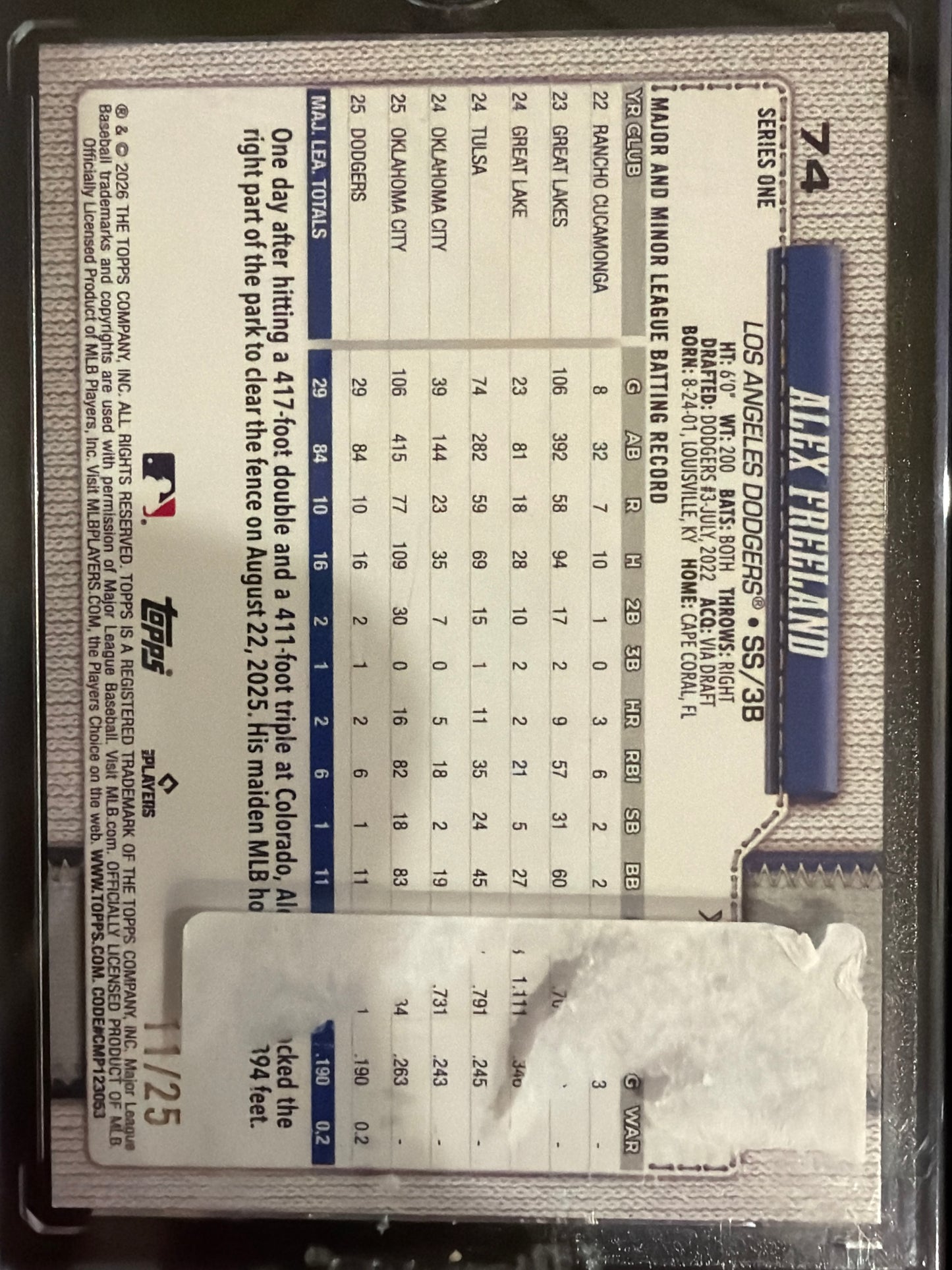 2026 Topps Series One Alex Freeland #74 Orange Foilboard RC