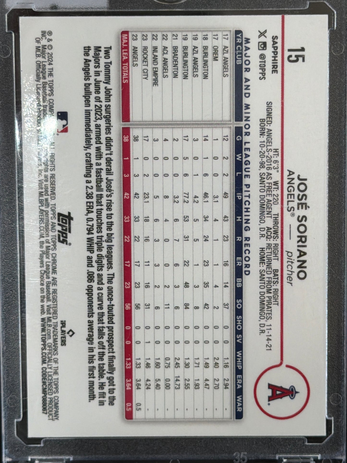 2024 Topps Chrome Sapphire José Soriano #15 Orange /50 RC