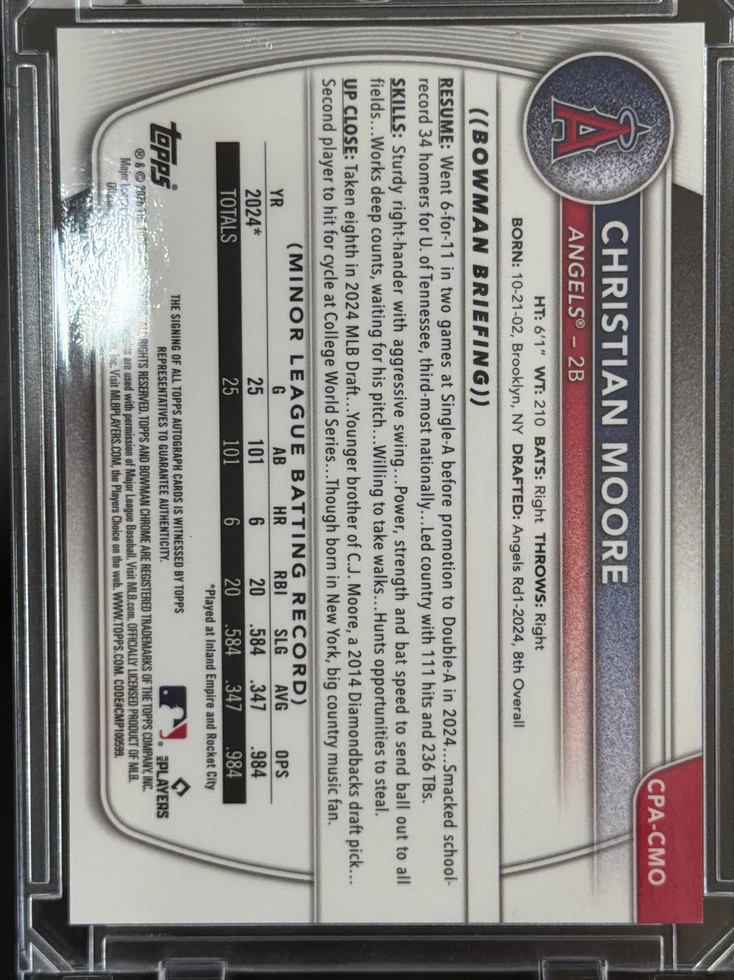 2024 Bowman Chrome Christian Moore #CPA-CMO Speckle Refractor /299