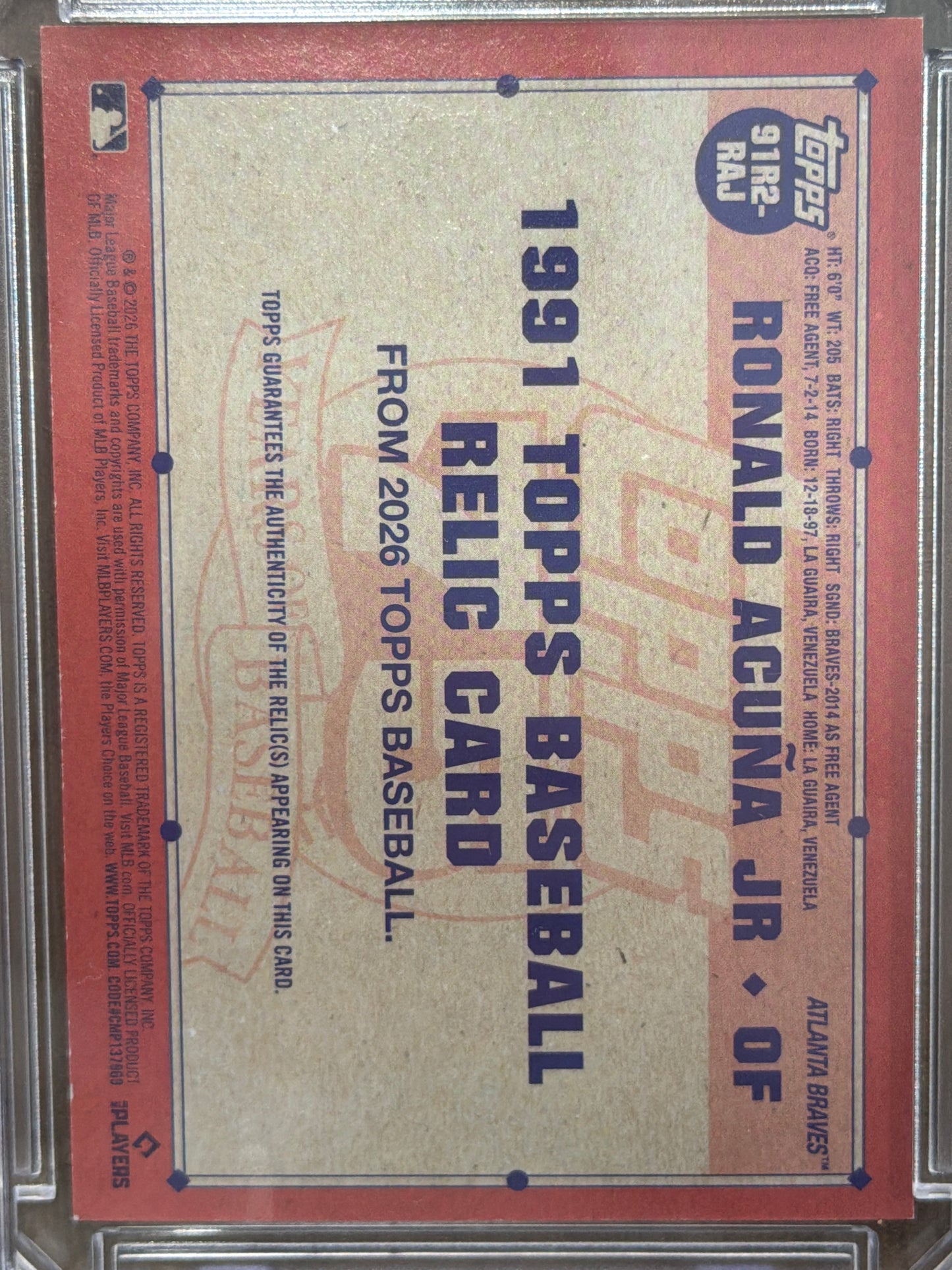 2026 Topps 1991 Relic Card Ronald Acuña Jr. #91R2-RAJ Game-Used Memorabilia