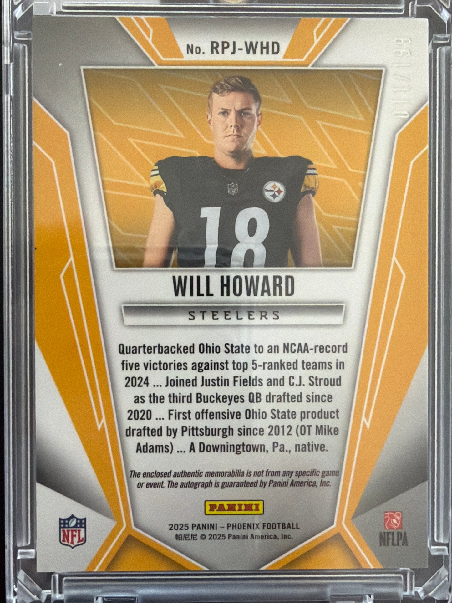 2025 Panini Phoenix Football Will Howard #RPJ-WHD RC Memorabilia