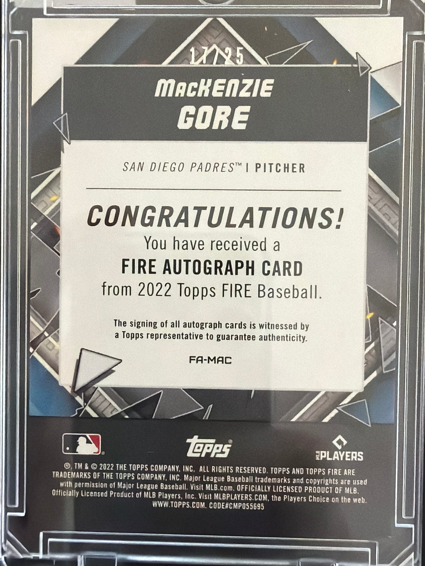 2022 Topps Fire MacKenzie Gore #FA-MAC Magenta RC