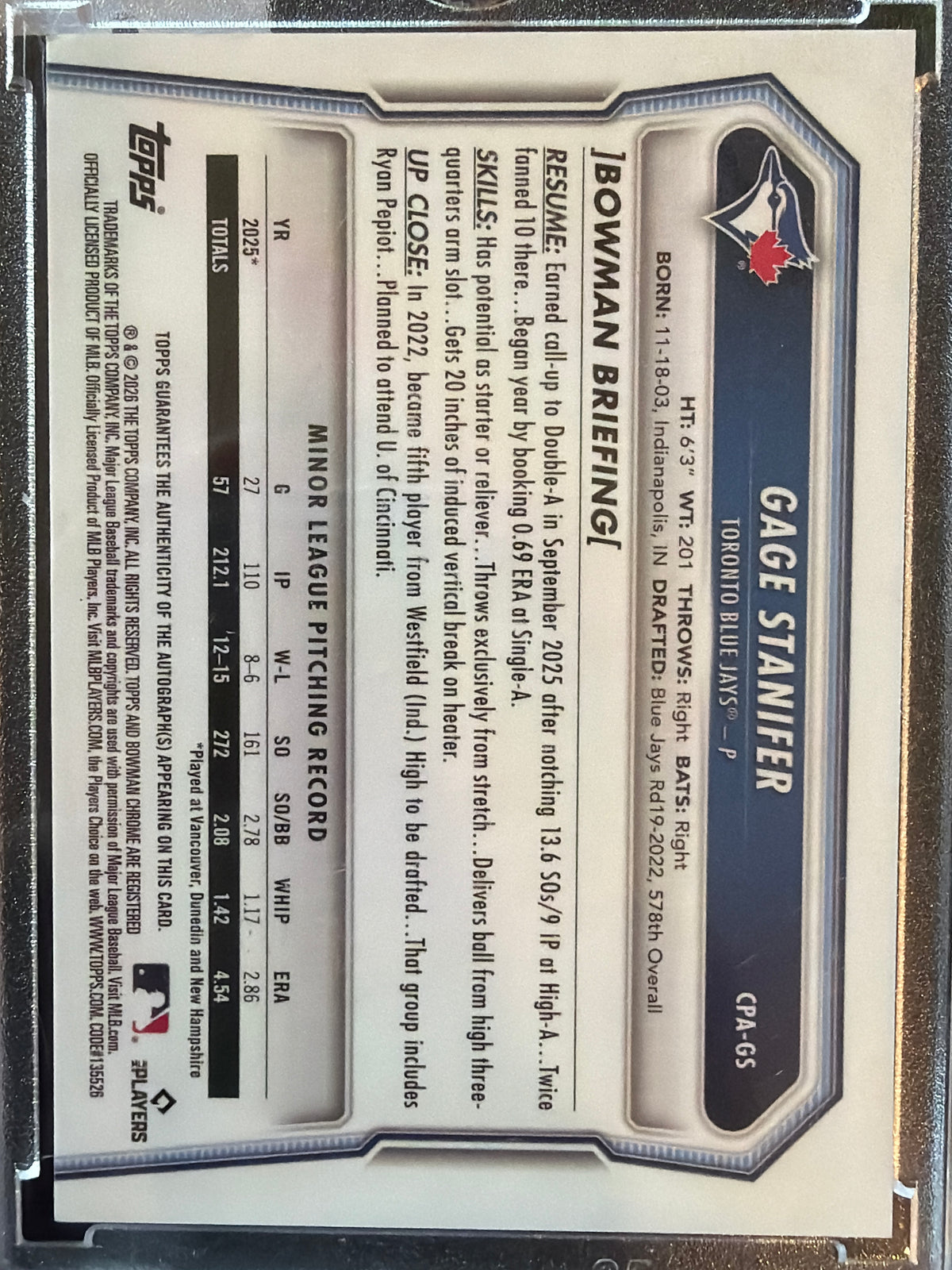 2025 Bowman Chrome Gage Stanifer #CPA-GS Green Shimmer Refractor /99