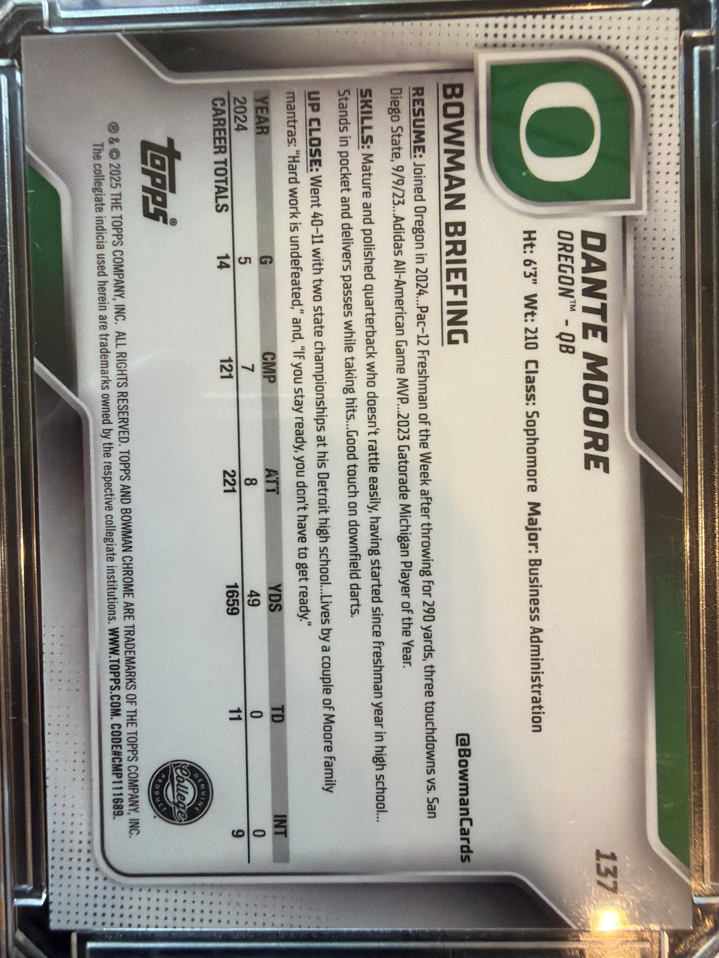 2023 Bowman Chrome University Dante Moore #137 Yellow Shimmer Refractor /350