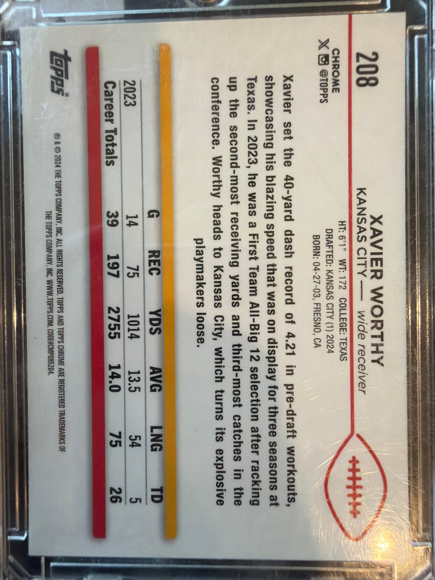 2024 Topps Chrome Xavier Worthy #208 Gold X-Fractor /58 RC